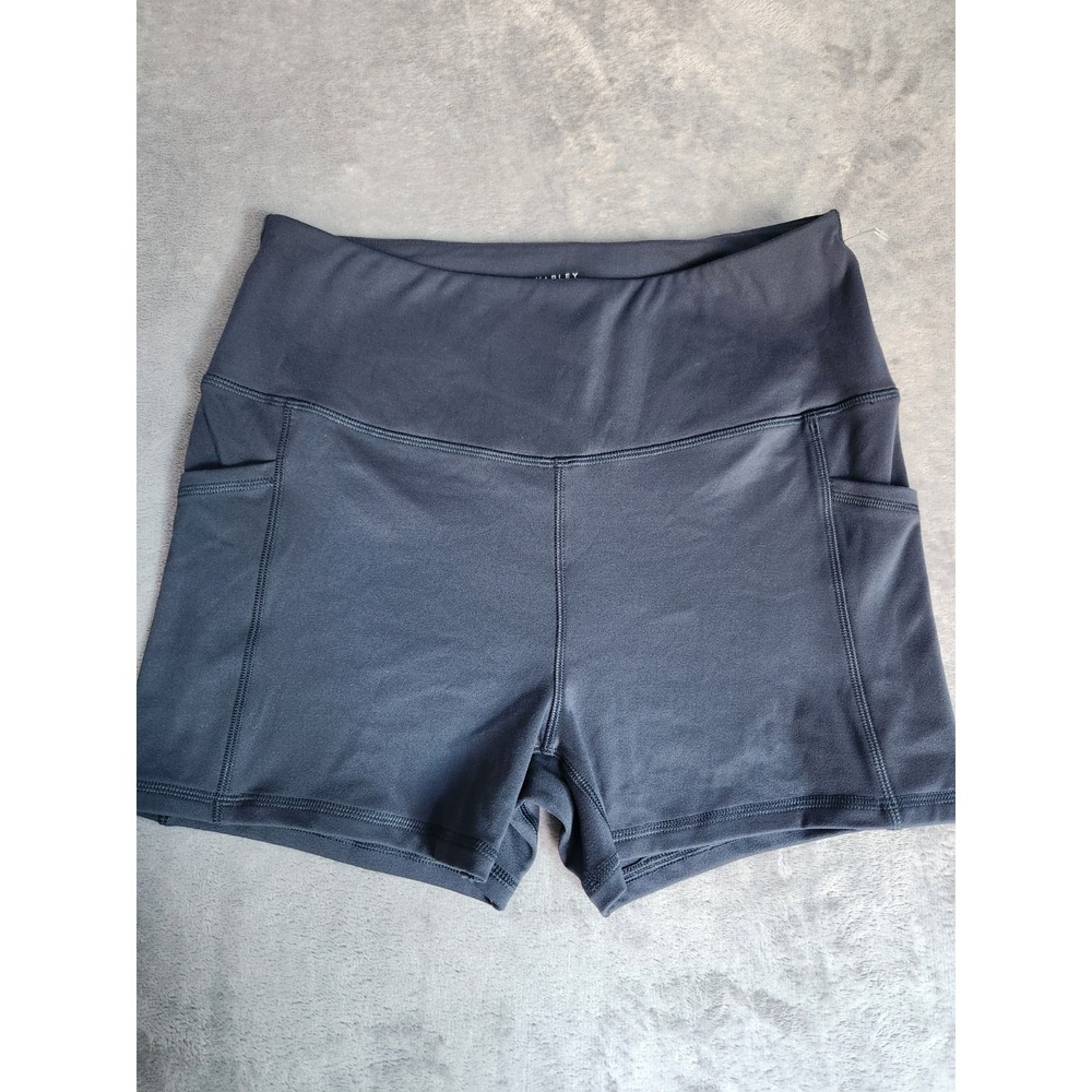 New Varley Womens Navy Blue Flat Front Pockets Activewear Biker Shorts L Large